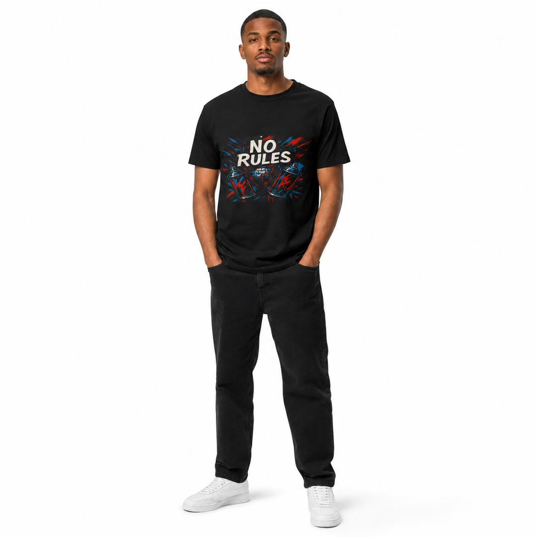 A man modeling a black crewneck t-shirt with a colorful graphic that reads &