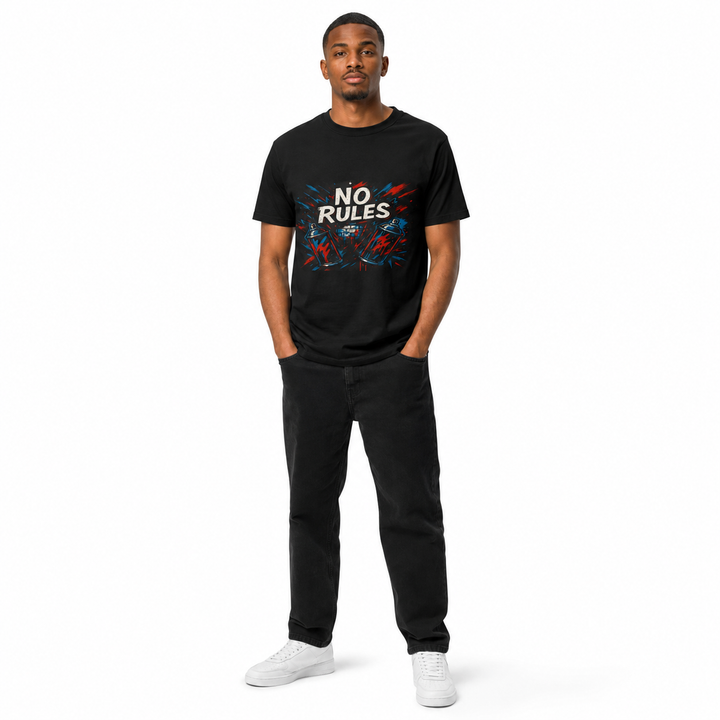 A man modeling a black crewneck t-shirt with a colorful graphic that reads &