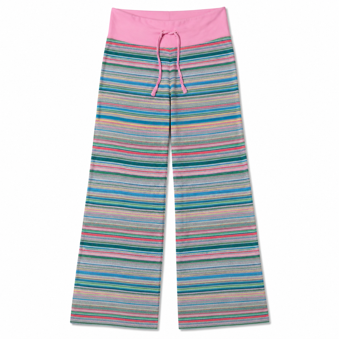 Flat lay of Pink striped wide leg pants with fold-over waistband and drawstring, arranged neatly on a clean white background.