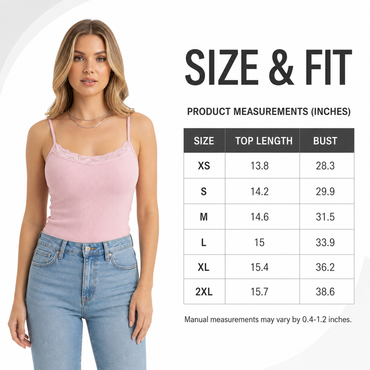 Pink lace-trim ribbed cami on an adult model alongside a size chart for XS through 2XL with top length and bust measurements.
