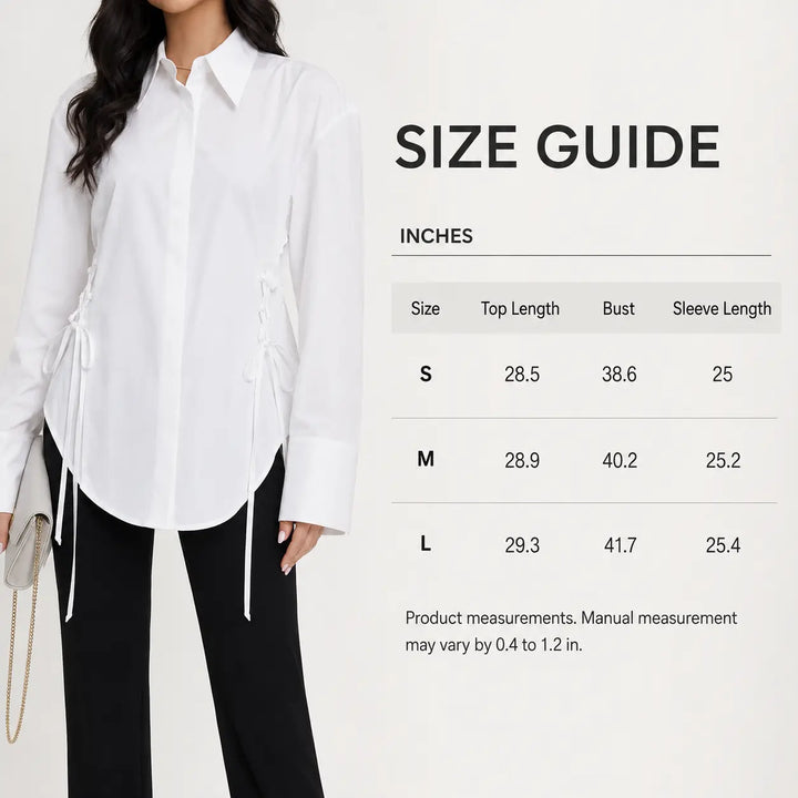 Size guide for the white side-lace blouse, listing top length, bust, and sleeve measurements in inches for S, M, and L sizes.