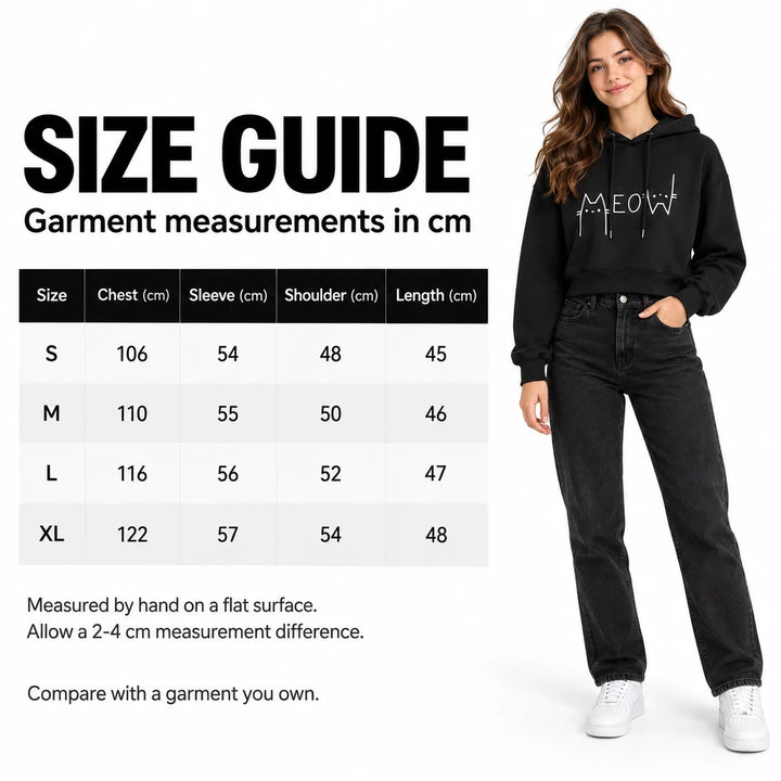 English size guide for S to XL with chest, sleeve, shoulder and length in cm, 2-4 cm tolerance note and a black hoodie model.