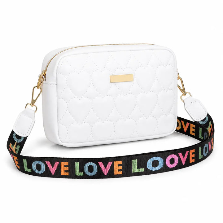 White heart embroidered shoulder bag with LOVE strap on a white background