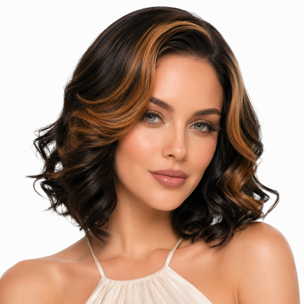 Short Curly Wig Black Brown Mid Part Exotic Volume Hair