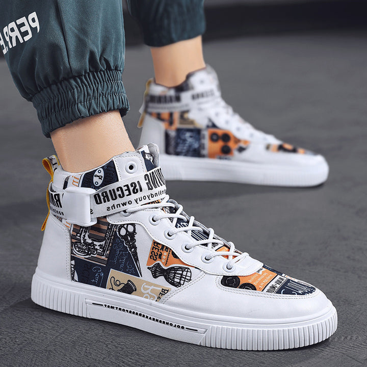White Yellow high top sneakers with round toe and rubber foam sole