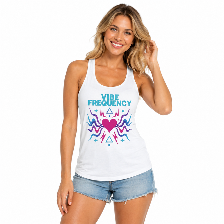 Red graphic racerback tank for women, modeled in a clean studio to highlight the scooped neckline, shape, and summer styling.
