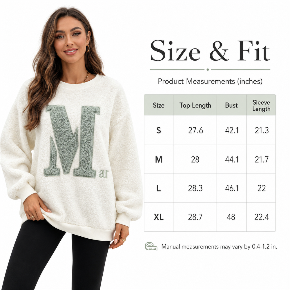 Soft letter fleece pullover for women with plush inner feel, slight stretch and easy styling for home or casual outings wear.