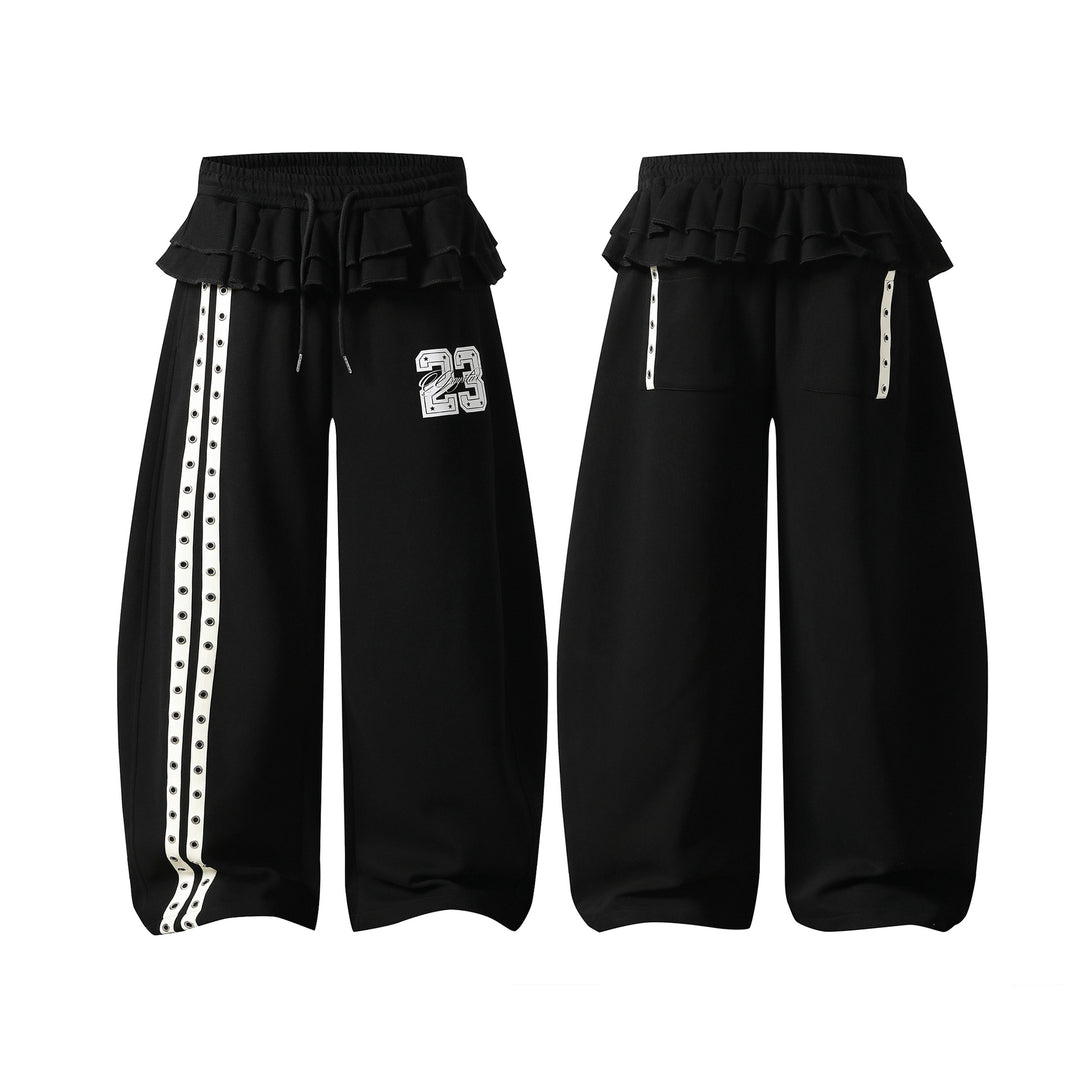 Wide Leg Sweatpants Women - Ruffle Waist Black Trousers