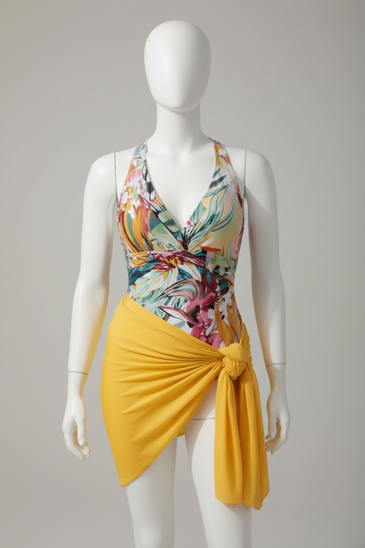 Mannequin wearing a colorful swimsuit with a yellow sarong on a gray background