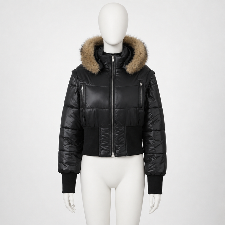 Black puffer jacket with fur hood on a mannequin against a white background