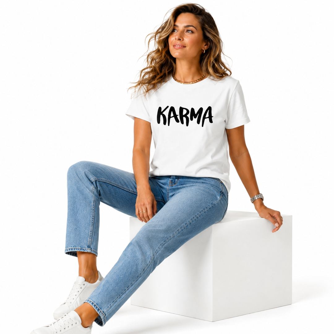 Loose women short-sleeve graphic tee in white with Karma front print, casual Korean-inspired style, and easy daily fit today.