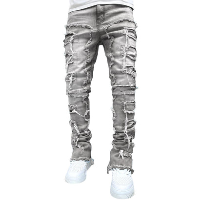 Men's Stacked Jeans - Ripped Fringe, Patched Style Pros