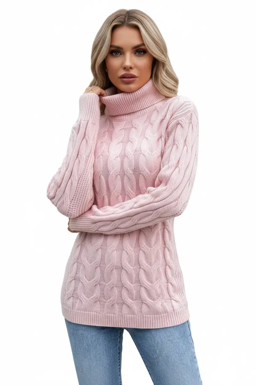 women cable knit sweater black regular sleeve casual outfit look