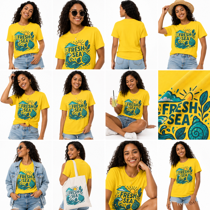 A 12-panel collage showing a woman modeling a bright yellow graphic T-shirt from multiple angles, plus a close-up of the shirt print. The shirt features a teal and blue &