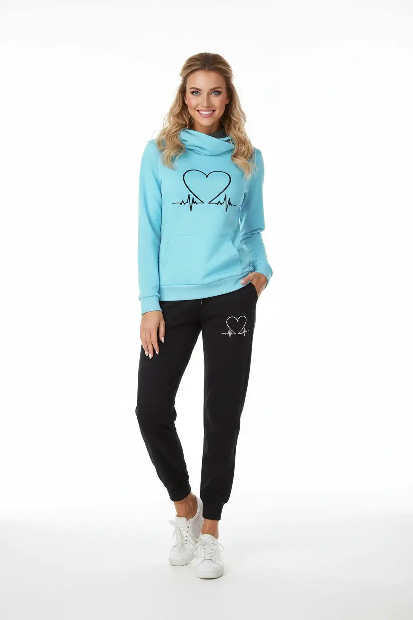 women's love heart printed sports suit back view of blue two piece set demonstrating relaxed silhouette drape and quality construction suitable for casual outings