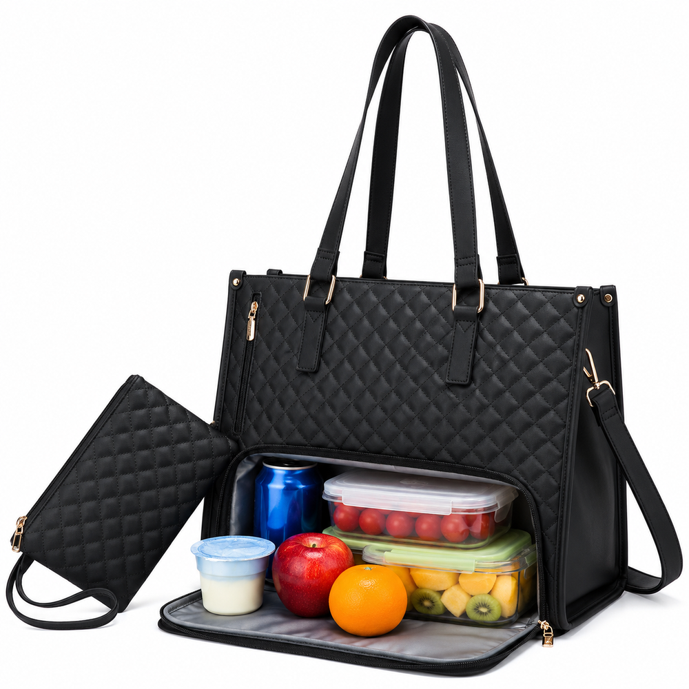 Women's insulated lunch tote bag with fold-down food compartment, laptop pocket and matching wallet for daily work or college

