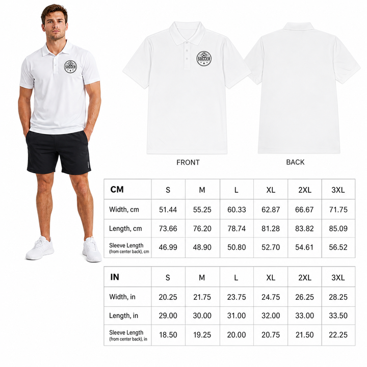 Close front view of men white soccer polo shirt with breathable polyester, three button placket and sport emblem detail today