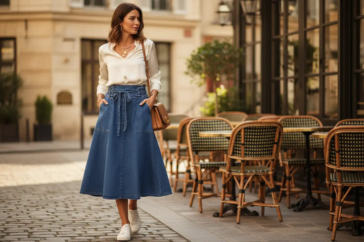 close up detail of belt buckle on denim skirt