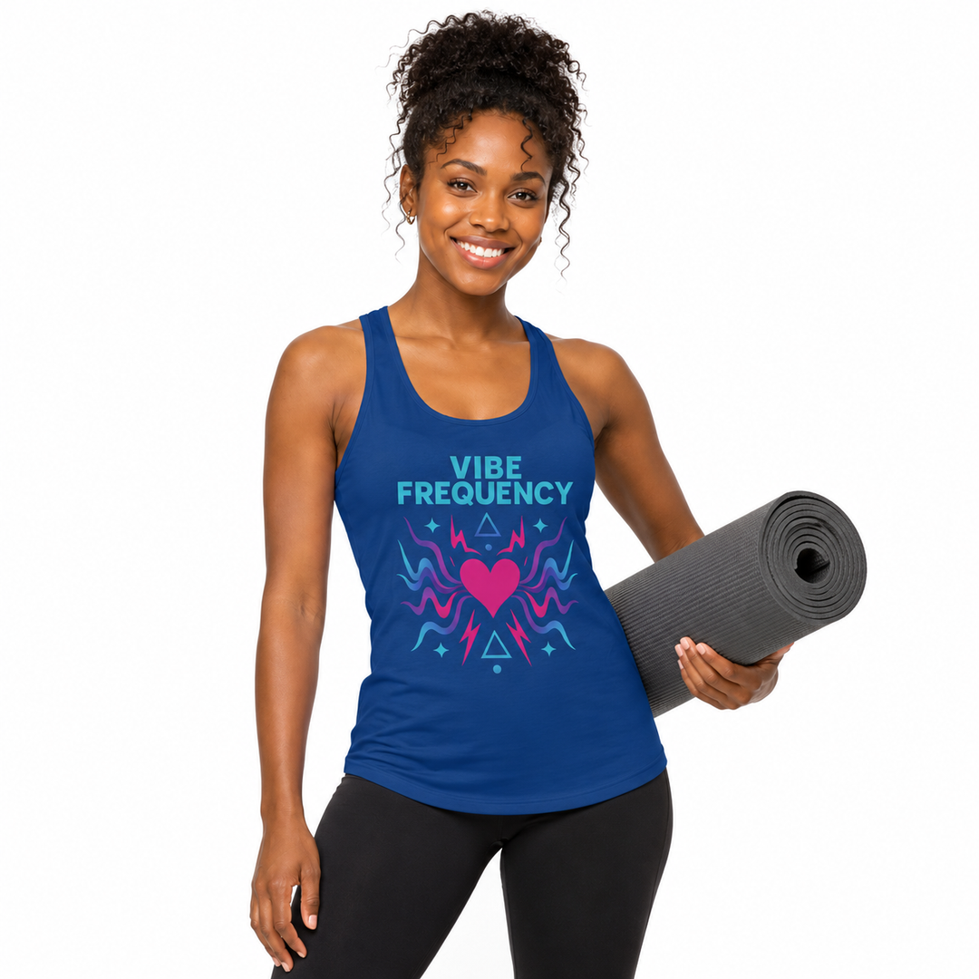 A smiling woman with curly hair wearing a royal blue tank top with a colorful &