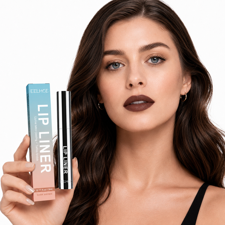 Peel-off lip liner film lifting away to reveal waterproof color with clean, crisp and natural-looking lip definition all day.
