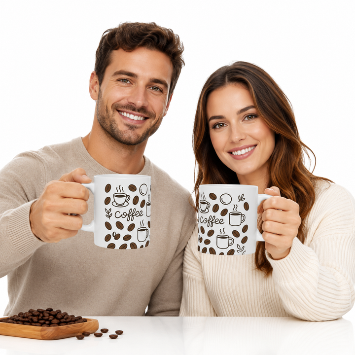 Coffee lover ceramic mug set for morning coffee with vivid artwork, glossy finish, and dishwasher-safe care for everyday use.

