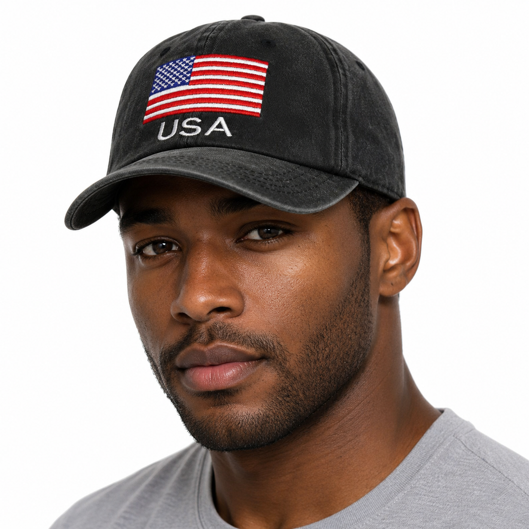 2-pc USA flag baseball cap set in washed cotton with distressed styling, embroidered lettering and adjustable buckle closure.
