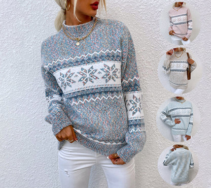 Gray jacquard snowflake Christmas sweater women half turtleneck oversized warm winter top