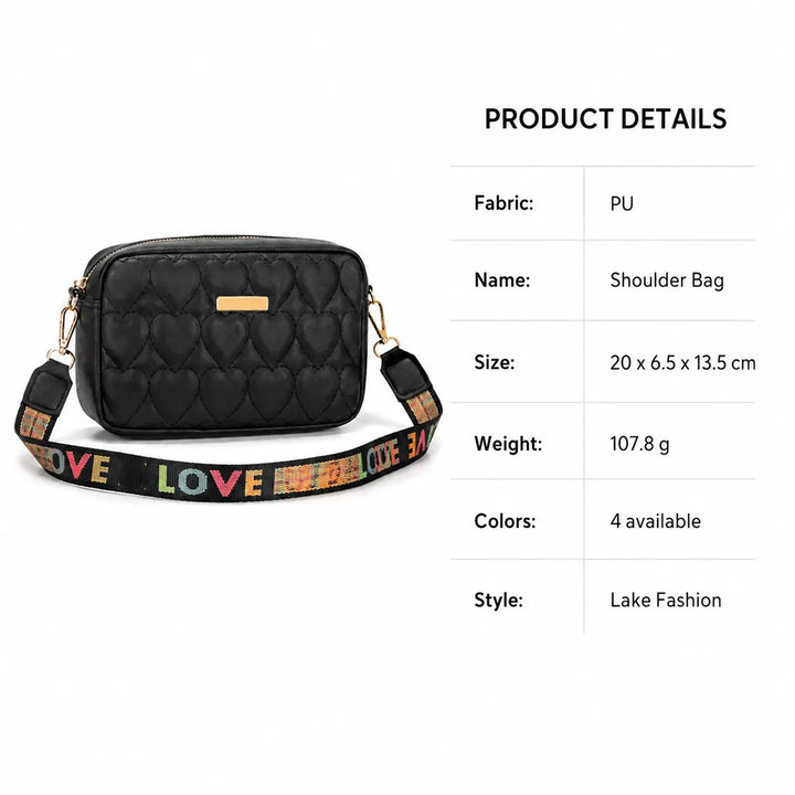 Heart embroidered shoulder bag size, weight, material and color details