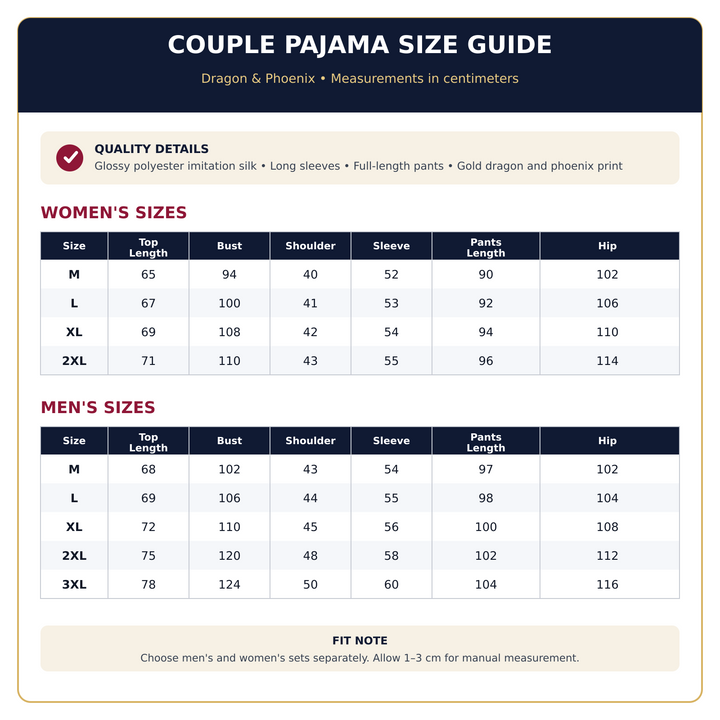 Matching couple pajamas size guide with separate men&
