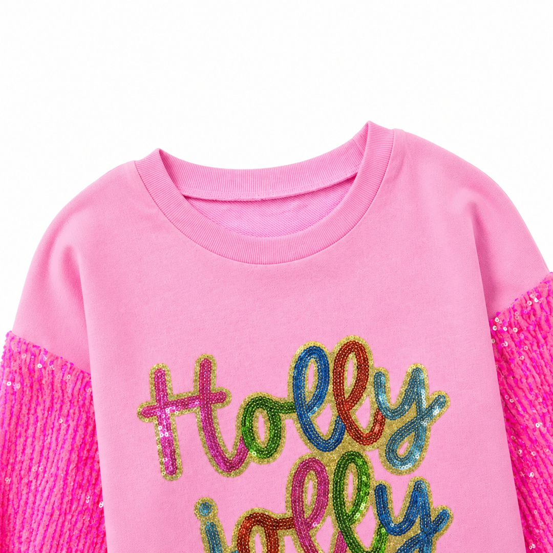 Pink ribbed crew neck and drop shoulder seam with sequin sleeves