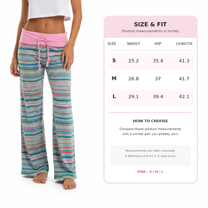 Pink striped pants size chart with model, listing S, M and L product measurements for waist, hip and bottom length in inches.