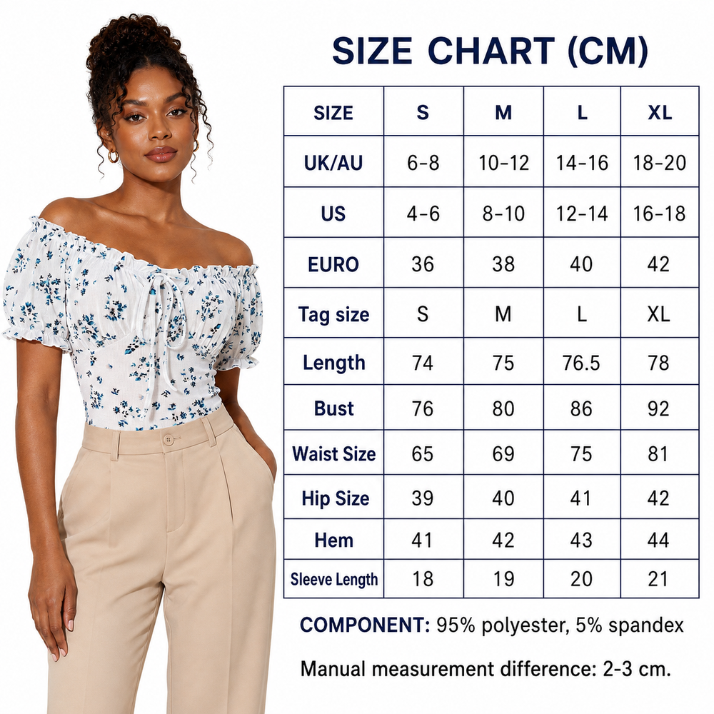 Women's floral bodysuit on a professional model beside the product size chart for sizes S, M, L and XL in centimeters.