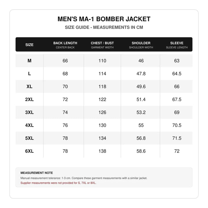 MA-1 pilot jacket size guide in cm: shows back length, chest, shoulder width and sleeve length for men&