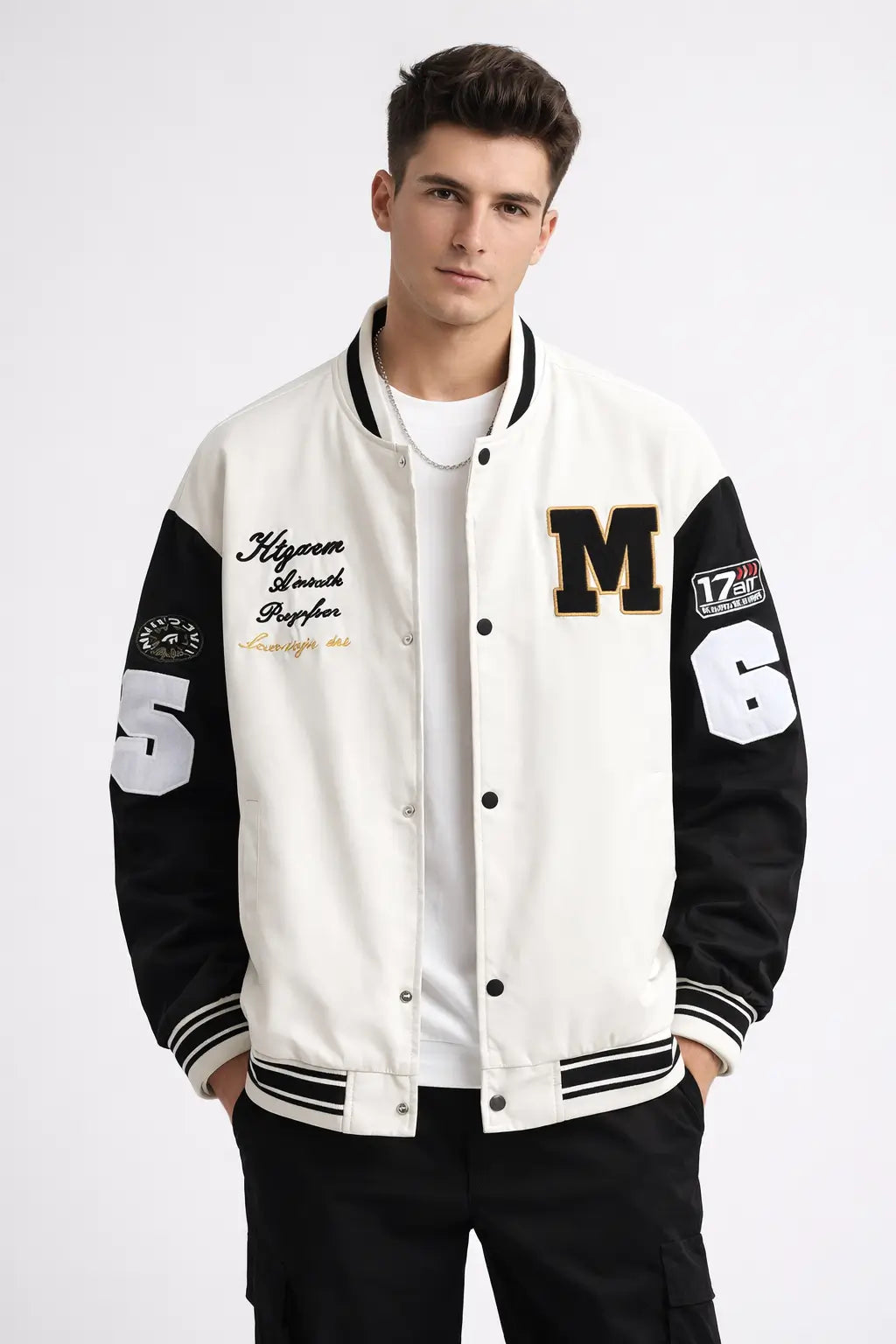 men's baseball jacket structured shoulder fit side profile natural light