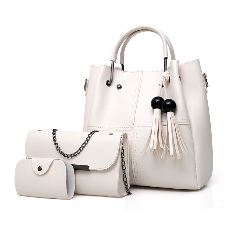Women Three Piece Handbag Set - Tassel PU Leather Bag