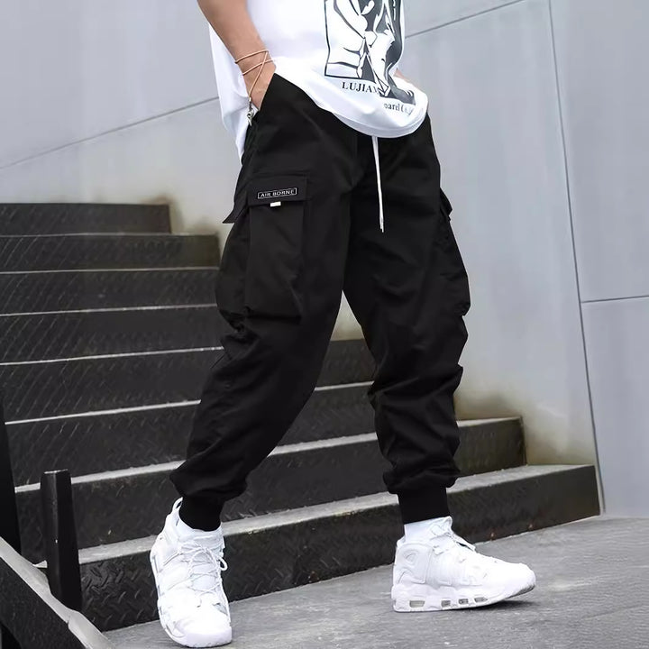 drawstring cargo trousers men mid waist casual wear