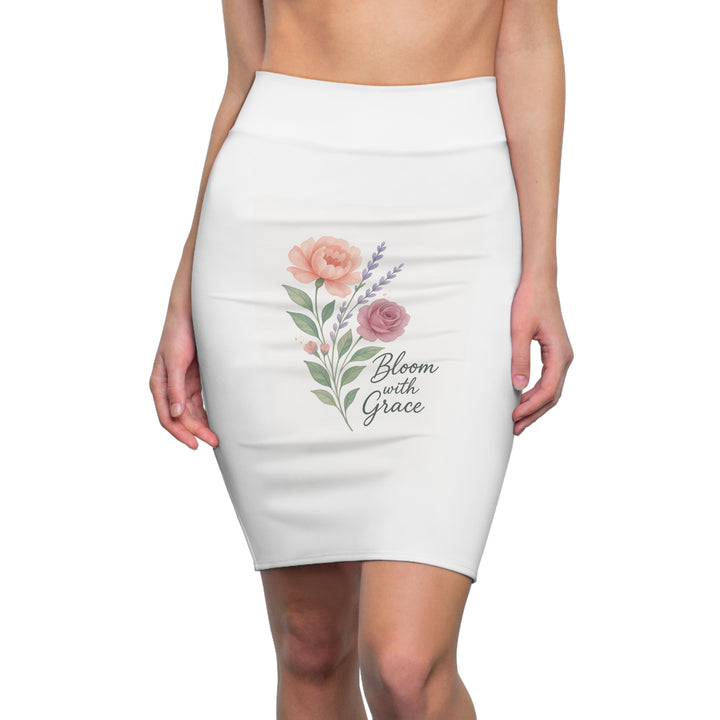 Side angle of womens fitted skirt highlighting the body-skimming cut and easy movement
