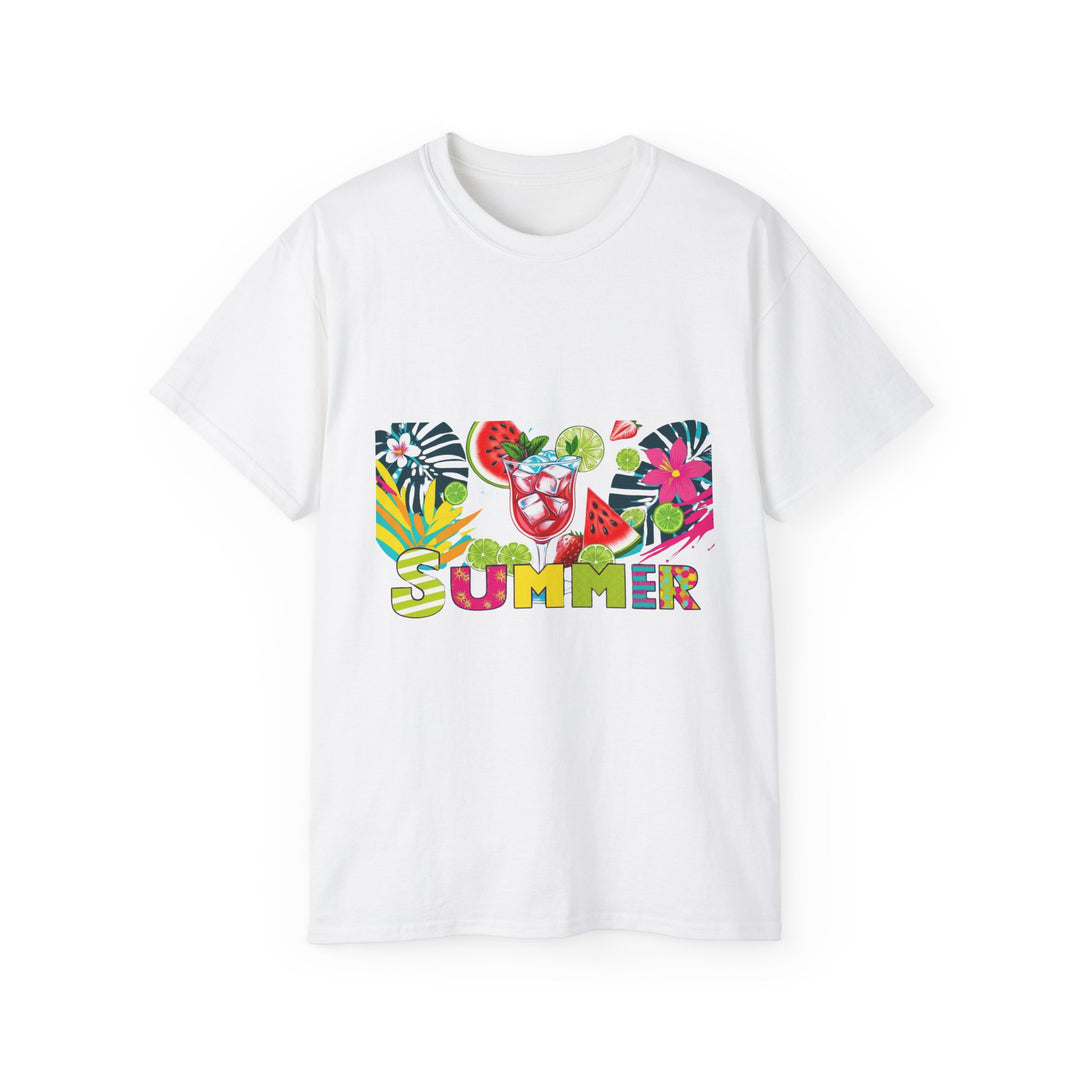 Unisex tropical t-shirt styled with joggers for an easy airport-to-beach outfit