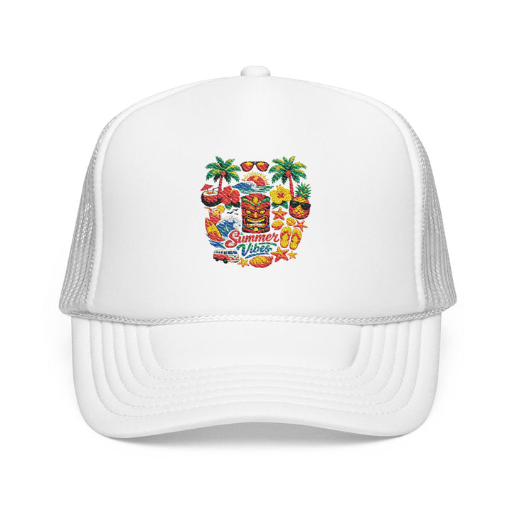 Summer Vibes trucker hat for casual wear with clean white front, bold tropical artwork and professional finish.