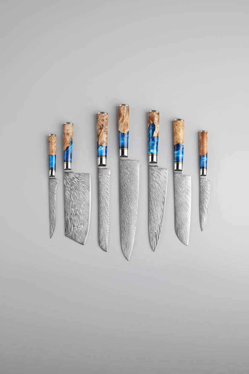 kitchen knife set 9 piece stainless steel knives arranged on wooden kitchen table modern cooking preparation scene