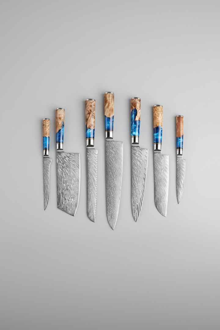 kitchen knife set 9 piece stainless steel knives arranged on wooden kitchen table modern cooking preparation scene