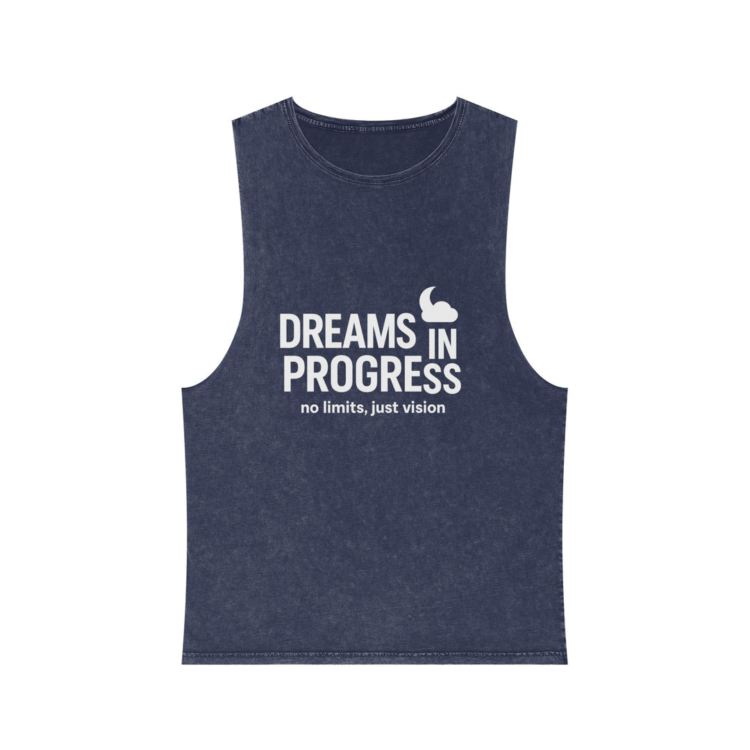 Navy tank top with white text on a white background
