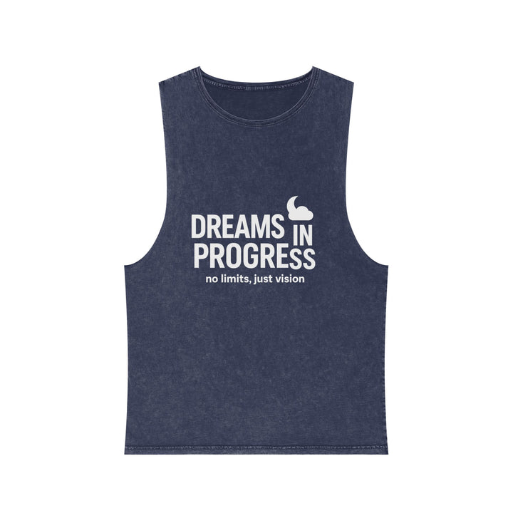 Navy tank top with white text on a white background