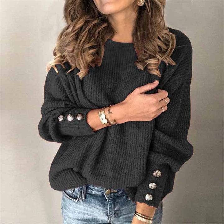 Women’s Long Sleeve Round Neck Button Knit T-Shirt worn in office casual setting with minimalist accessories