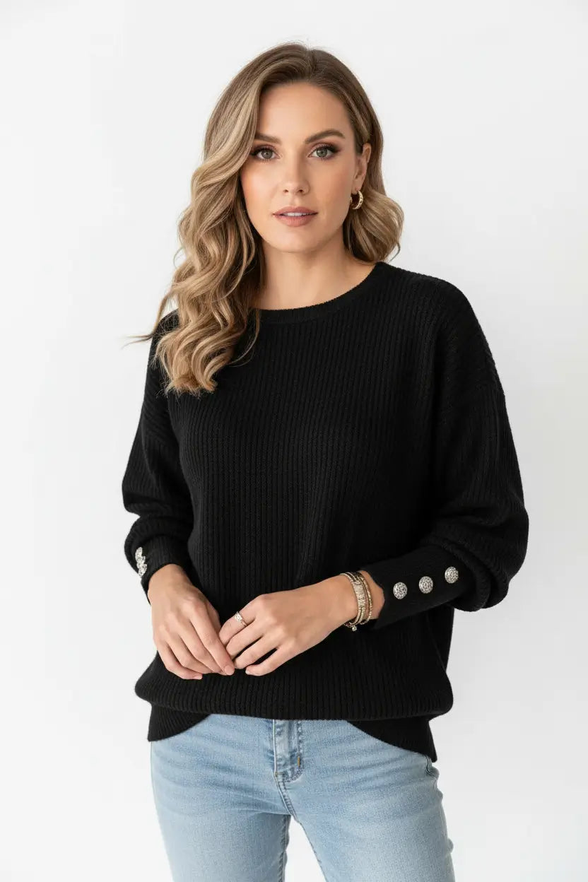 Women’s Long Sleeve Round Neck Button Knit T-Shirt long sleeves drape shown in relaxed indoor lifestyle environment