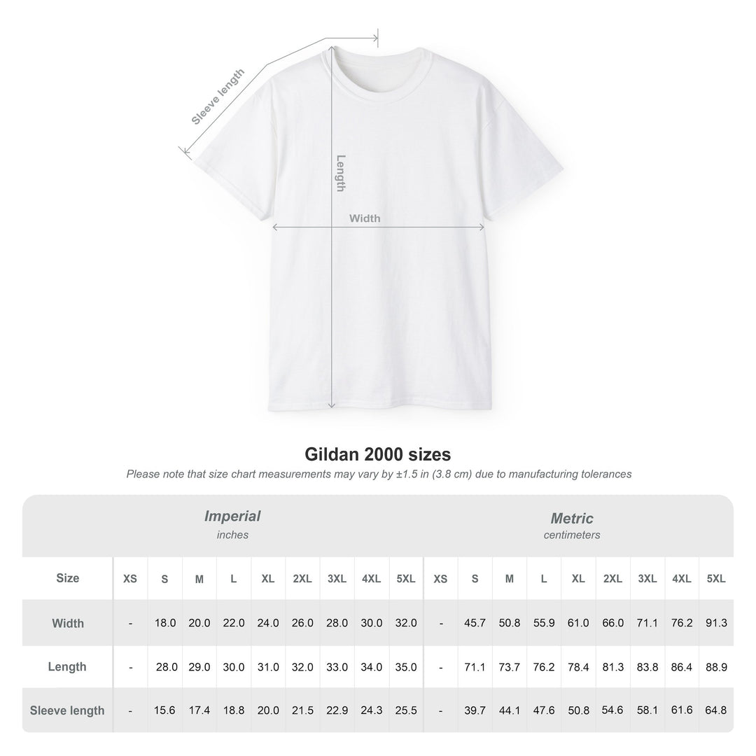 White t-shirt with measurement chart on a white background