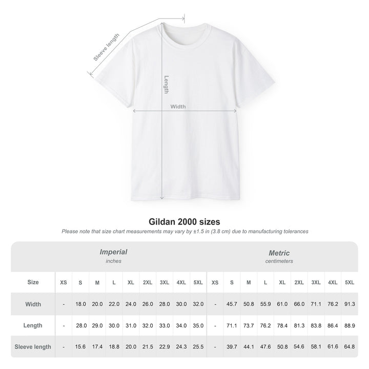 White t-shirt with measurement chart on a white background