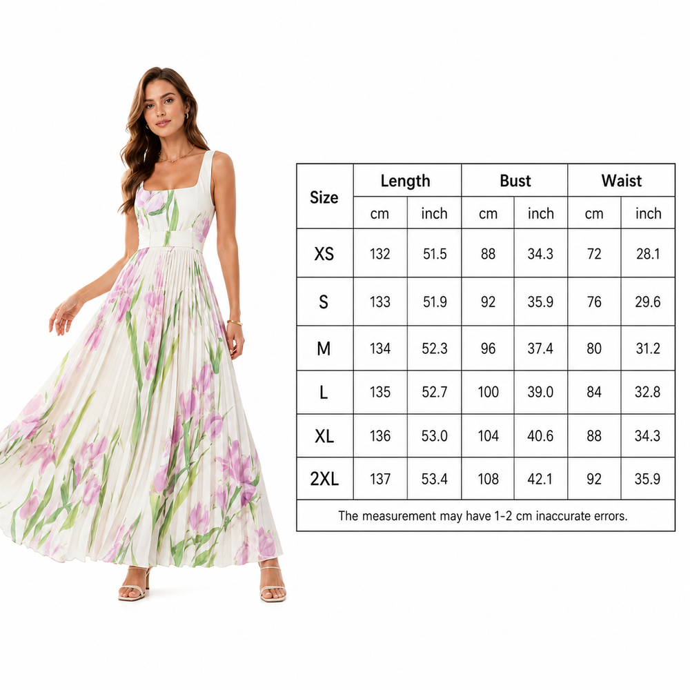 Woman wearing a floral dress with a size chart on a white background