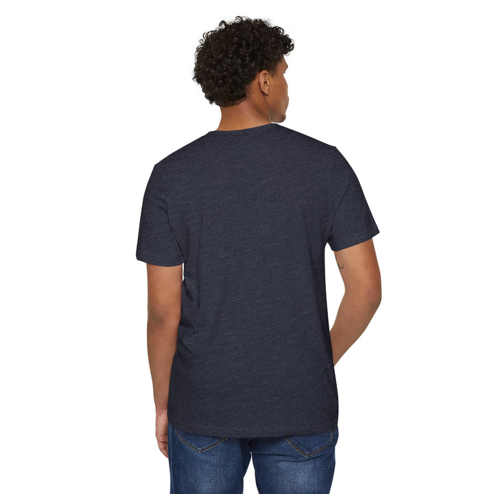 Person wearing a black t-shirt on a white background
