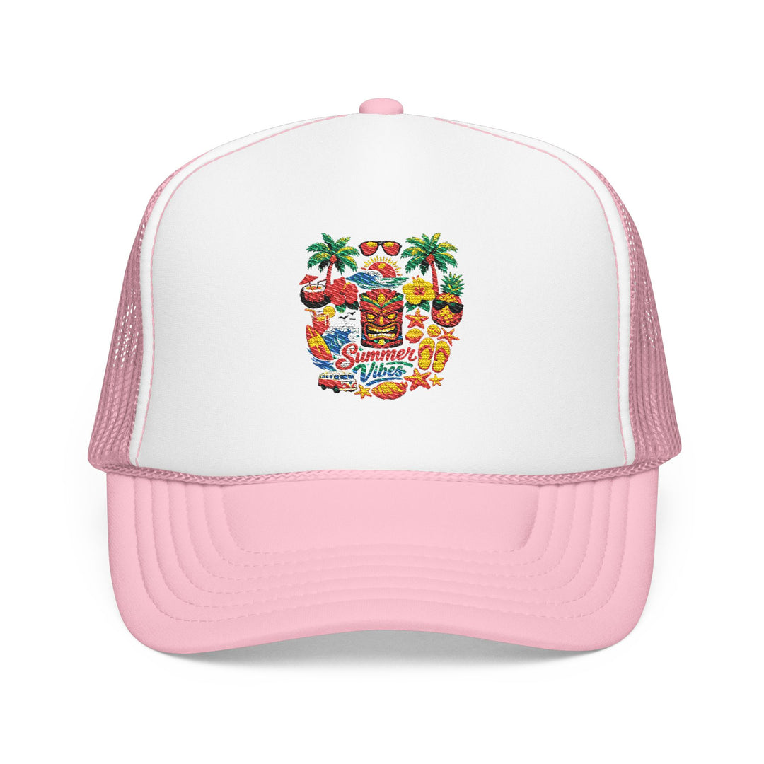 Side view of unisex trucker hat showing structured profile, smooth foam front and neatly finished black mesh back.